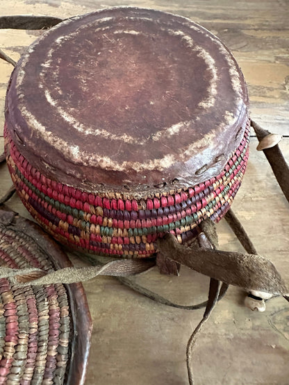 Vintage Handwoven African Basket with Cover, Straps and Cowry Shells