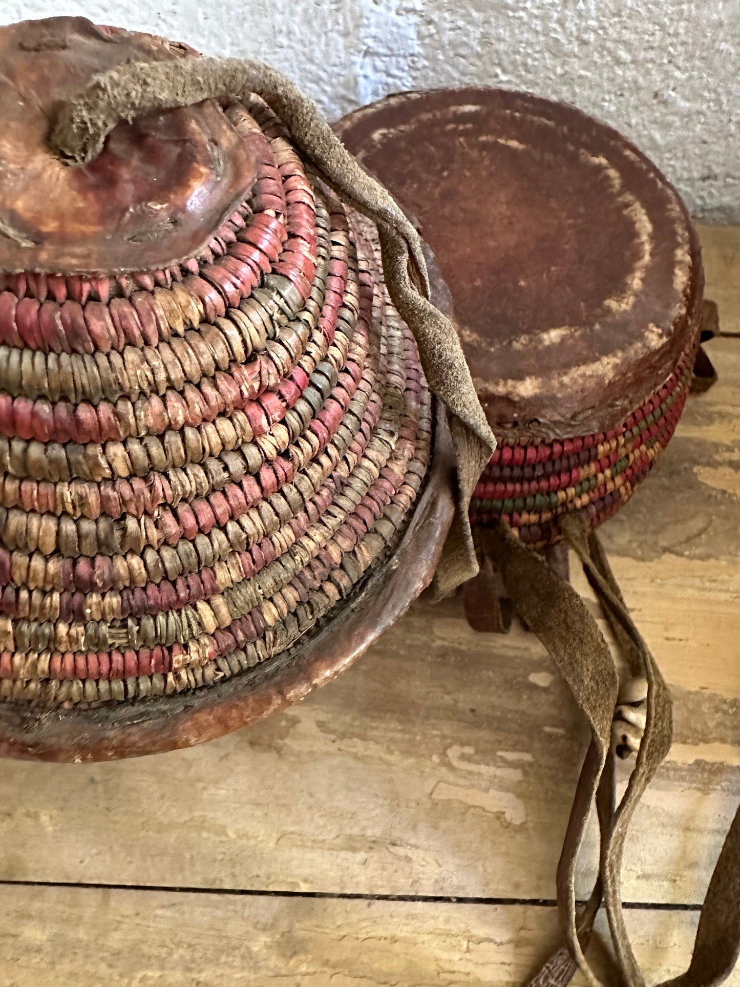 Vintage Handwoven African Basket with Cover, Straps and Cowry Shells