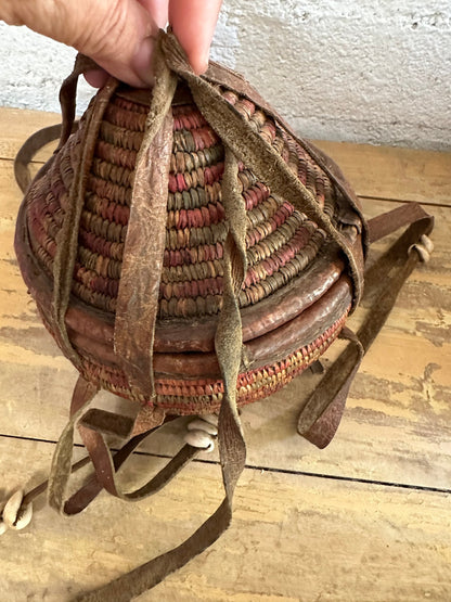 Vintage Handwoven African Basket with Cover, Straps and Cowry Shells