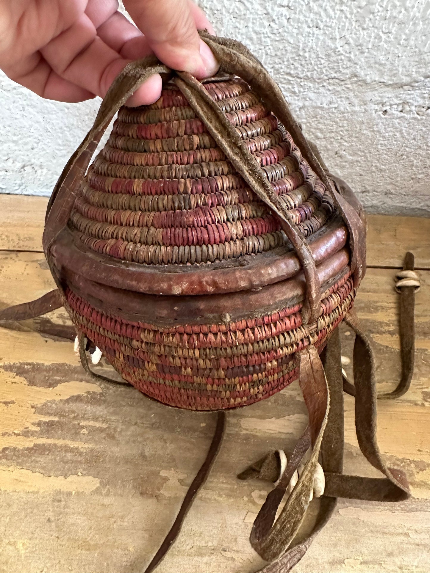 Vintage Handwoven African Basket with Cover, Straps and Cowry Shells