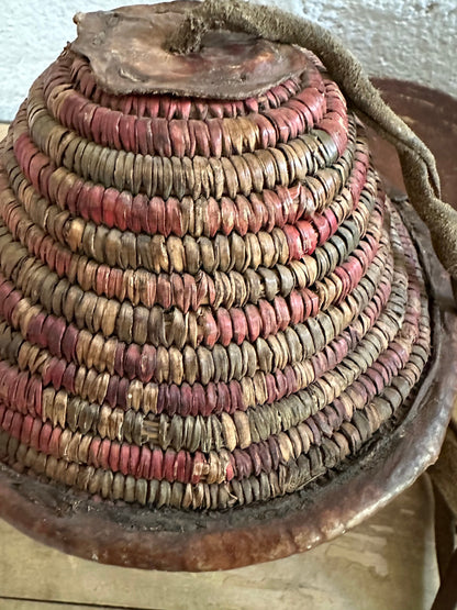 Vintage Handwoven African Basket with Cover, Straps and Cowry Shells