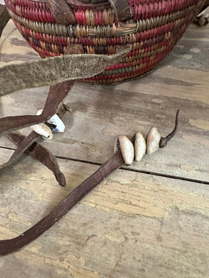 Vintage Handwoven African Basket with Cover, Straps and Cowry Shells