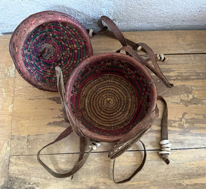 Vintage Handwoven African Basket with Cover, Straps and Cowry Shells