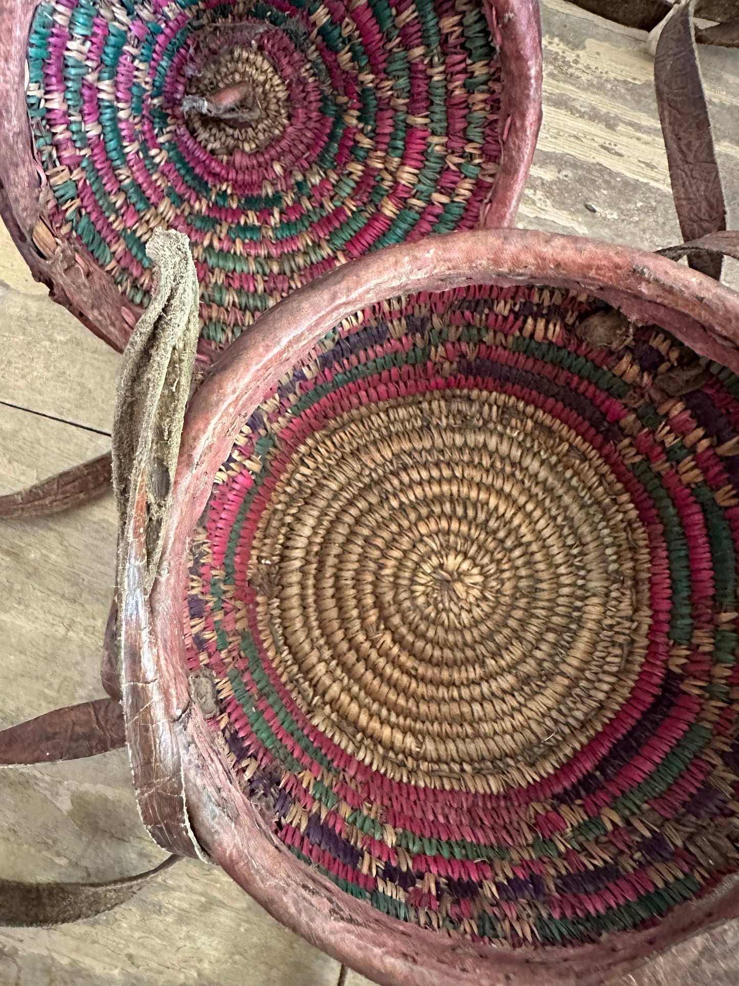 Vintage Handwoven African Basket with Cover, Straps and Cowry Shells