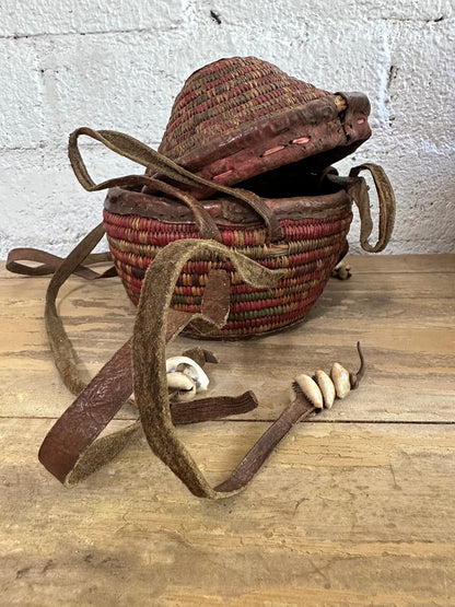 Vintage Handwoven African Basket with Cover, Straps and Cowry Shells