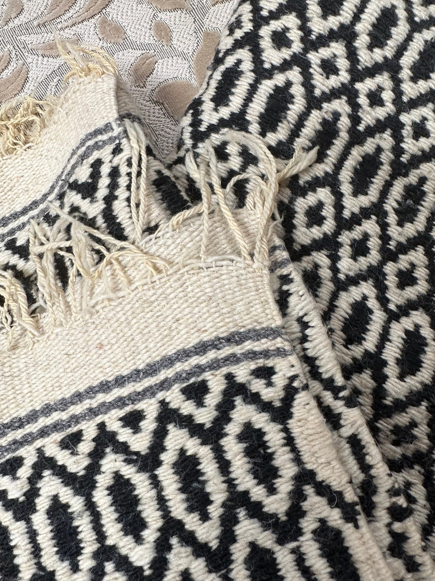 Vintage Handwoven Beige and Black Graphic Blanket