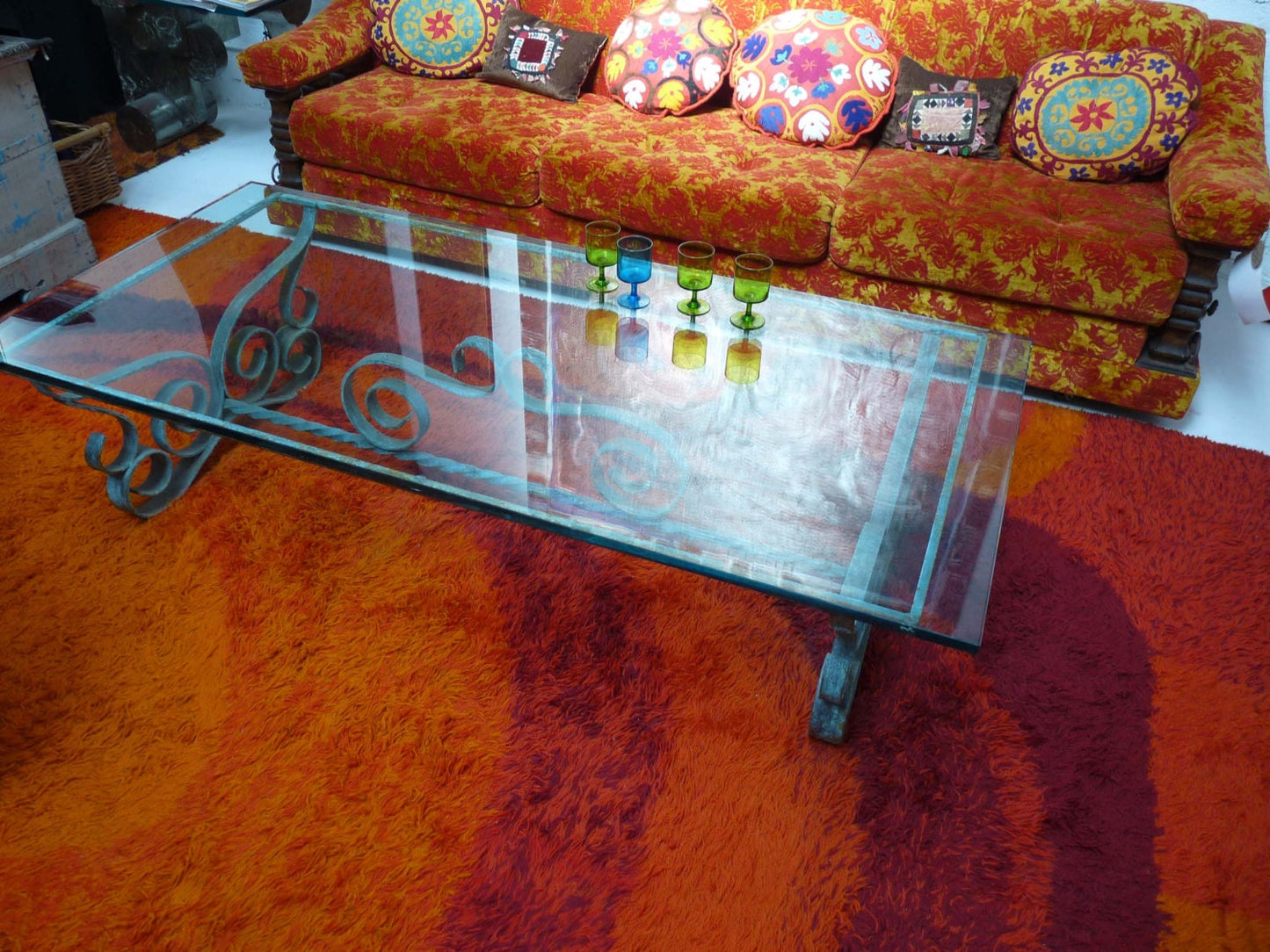 1960's Mid Century Shag Rug Orange, Red and Maroon