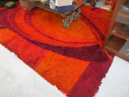 1960's Mid Century Shag Rug Orange, Red and Maroon