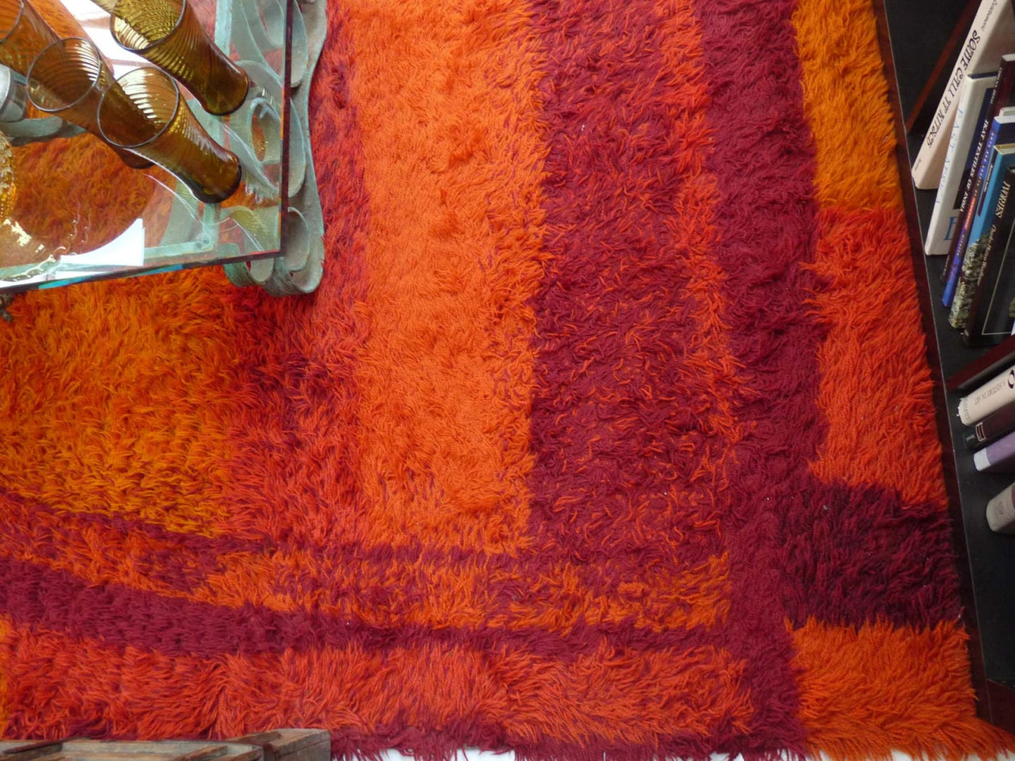 1960's Mid Century Shag Rug Orange, Red and Maroon