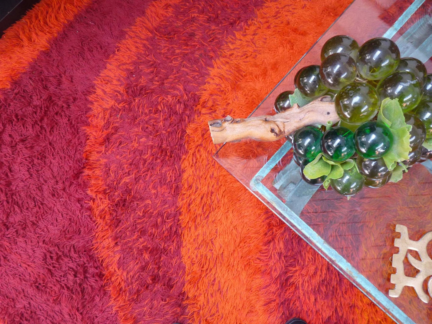 1960's Mid Century Shag Rug Orange, Red and Maroon