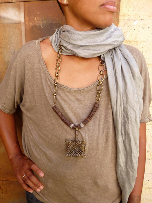 African Leather, Brass + Stone Necklace