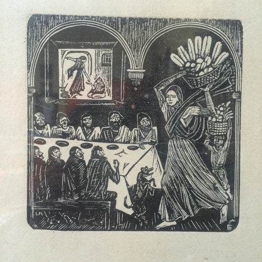 Classic Mexican Woodcut Woman Delivering Bread to Men