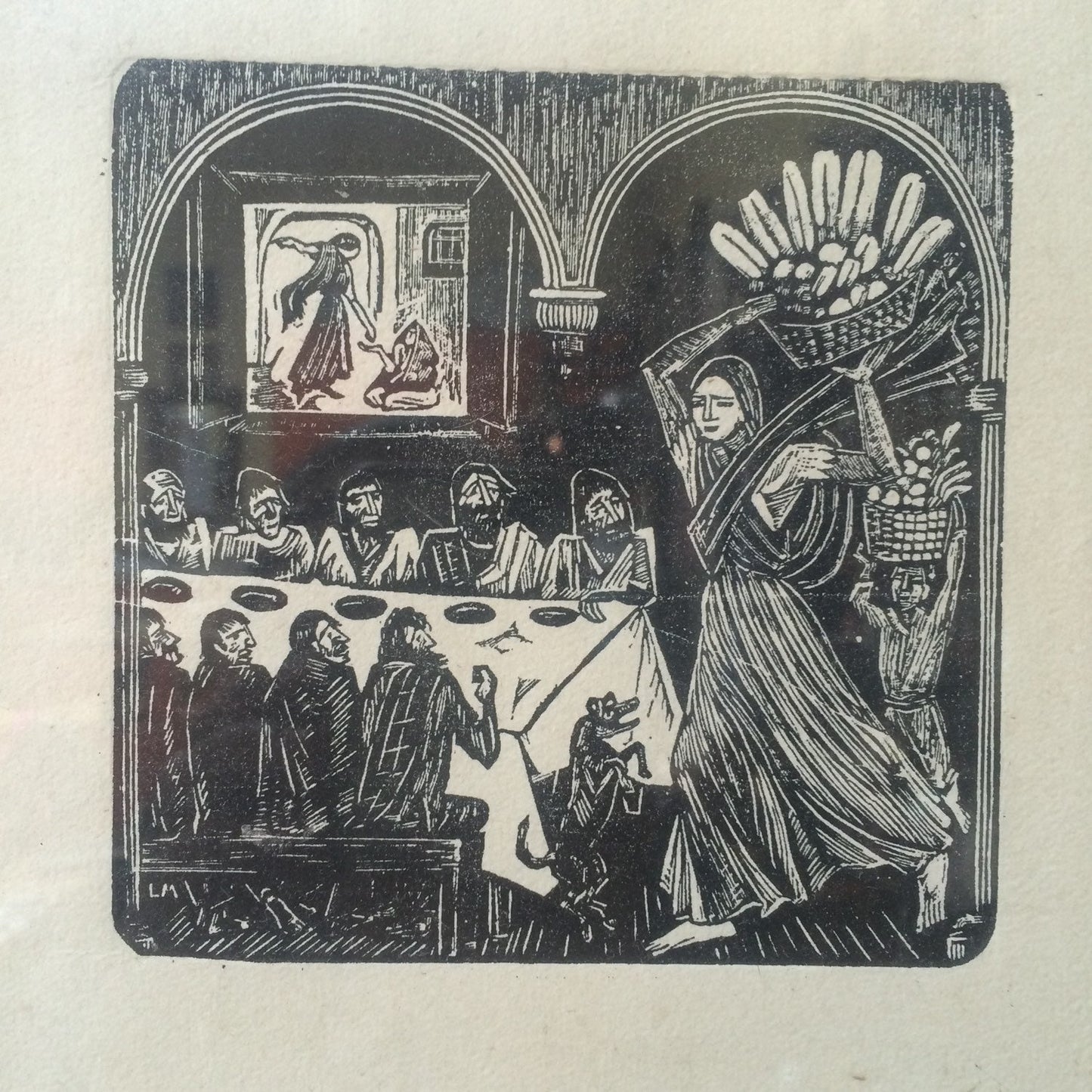 Classic Mexican Woodcut Woman Delivering Bread to Men
