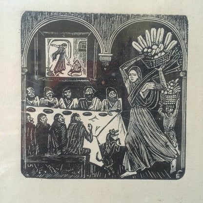 Classic Mexican Woodcut Woman Delivering Bread to Men