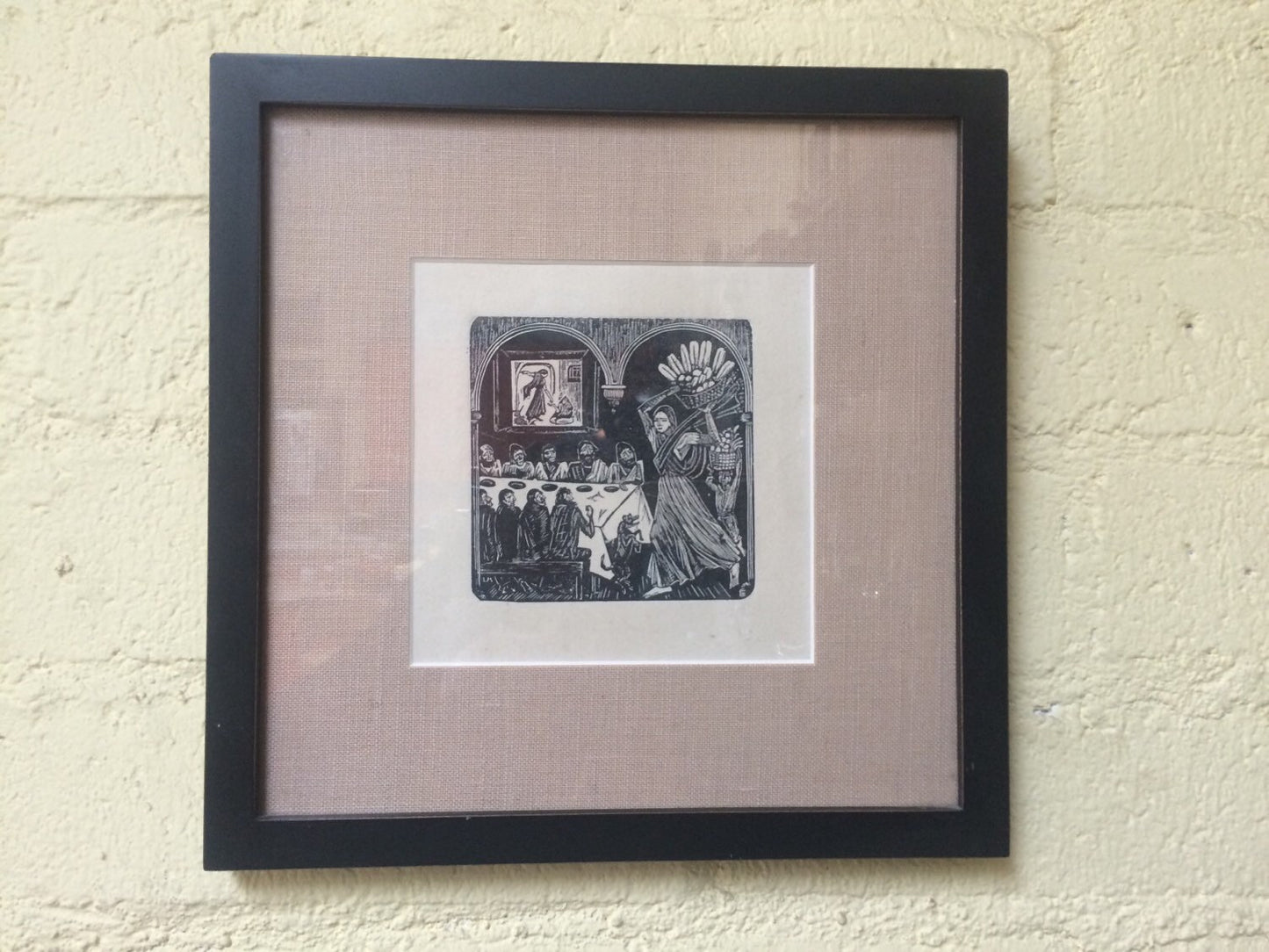 Classic Mexican Woodcut Woman Delivering Bread to Men