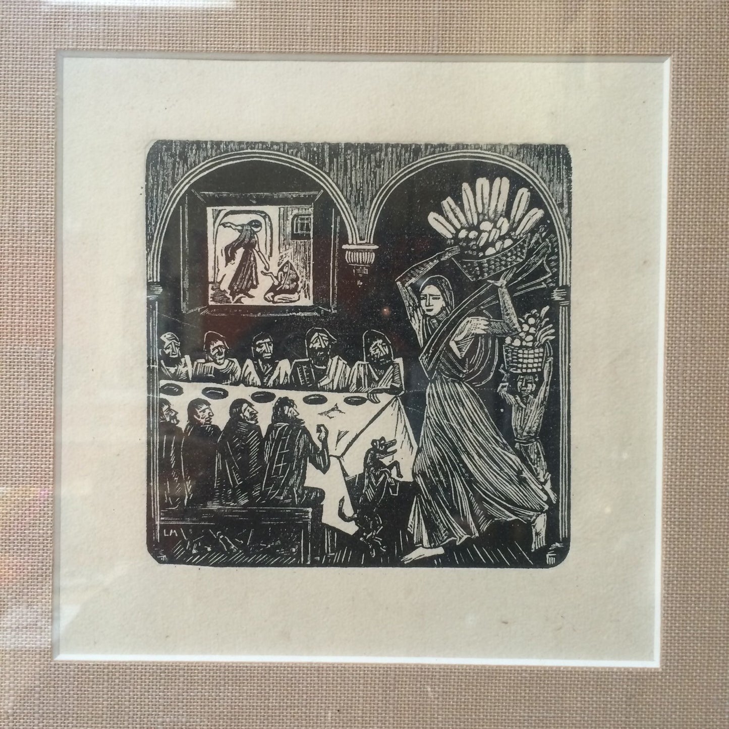 Classic Mexican Woodcut Woman Delivering Bread to Men