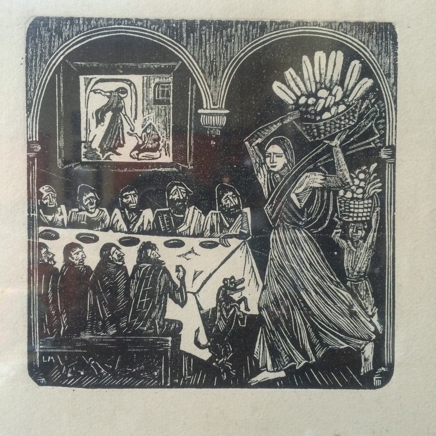 Classic Mexican Woodcut Woman Delivering Bread to Men