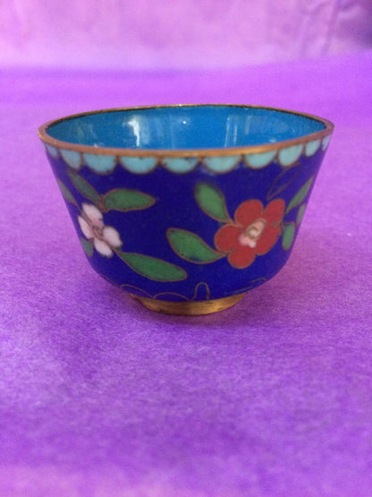 Small Chinese Cloisonne Blue Brass Tea Cup Enamel Red, Pink and Green Floral Design