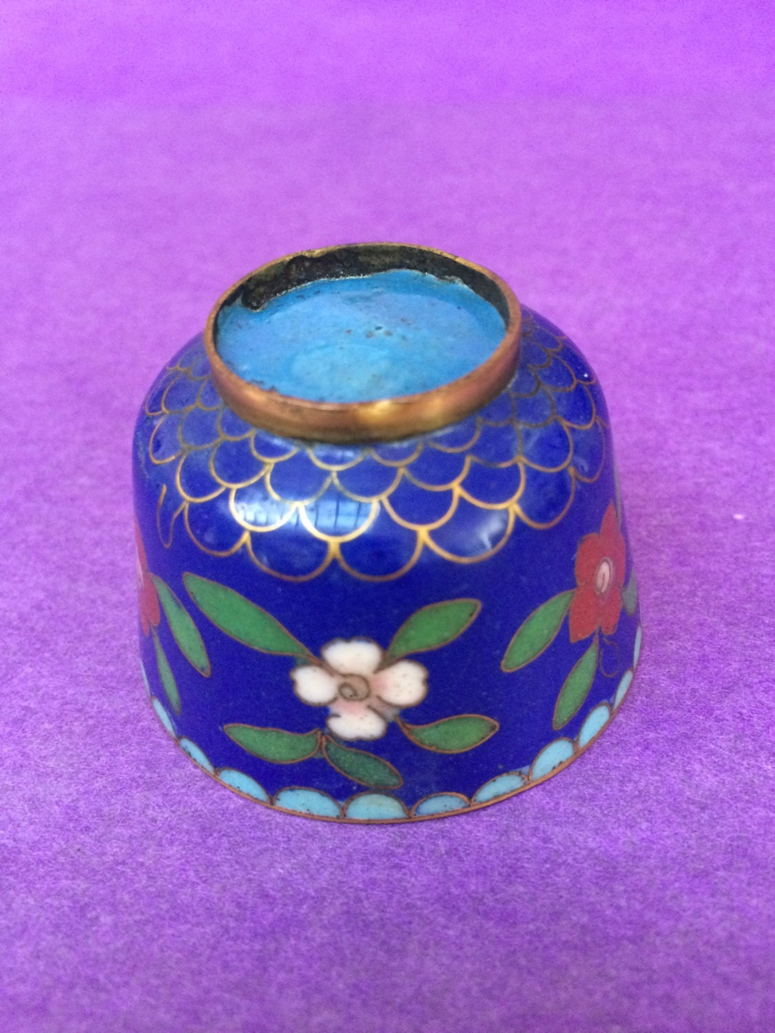 Small Chinese Cloisonne Blue Brass Tea Cup Enamel Red, Pink and Green Floral Design