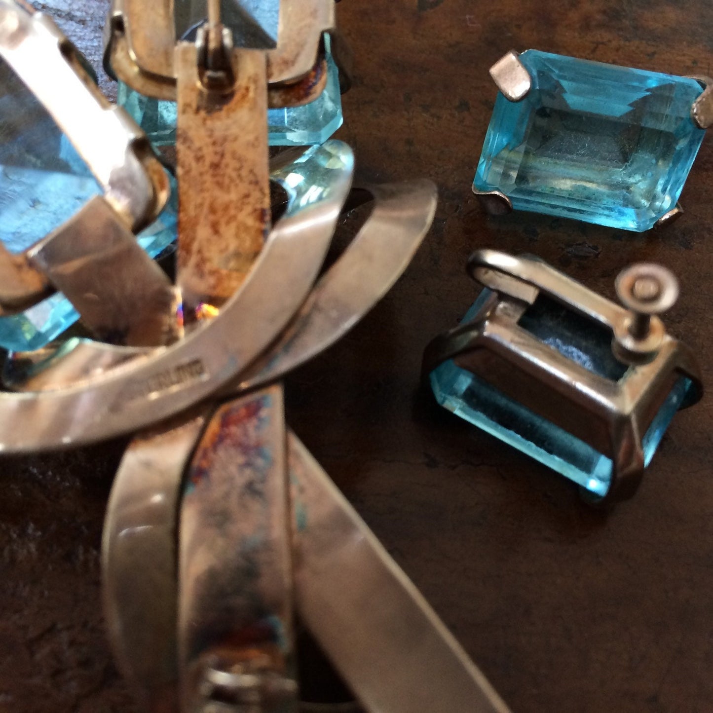 Unusual Vintage Sterling and Aqua Brooch/Earring Clips