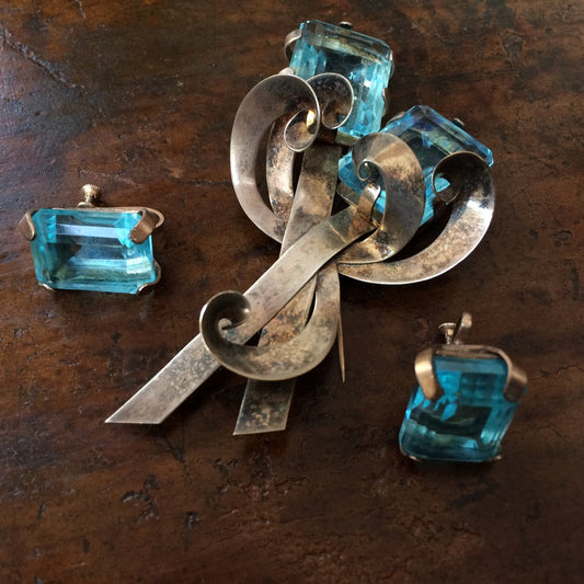 Unusual Vintage Sterling and Aqua Brooch/Earring Clips