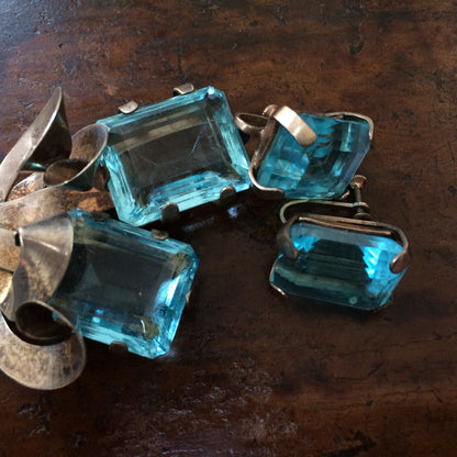 Unusual Vintage Sterling and Aqua Brooch/Earring Clips