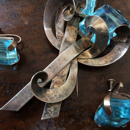 Unusual Vintage Sterling and Aqua Brooch/Earring Clips