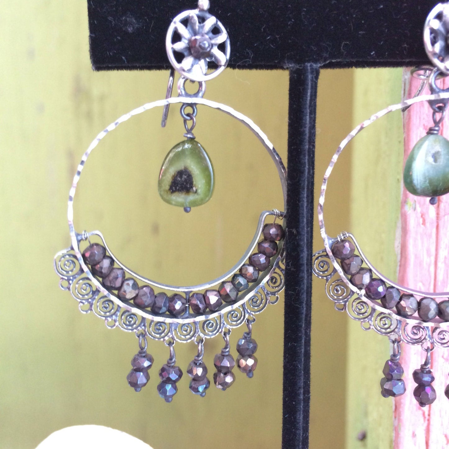 Elena Solow/Blue Jaguar Mexican Vintage Earrings with Iridescent Beads and Watermelon Tourmaline