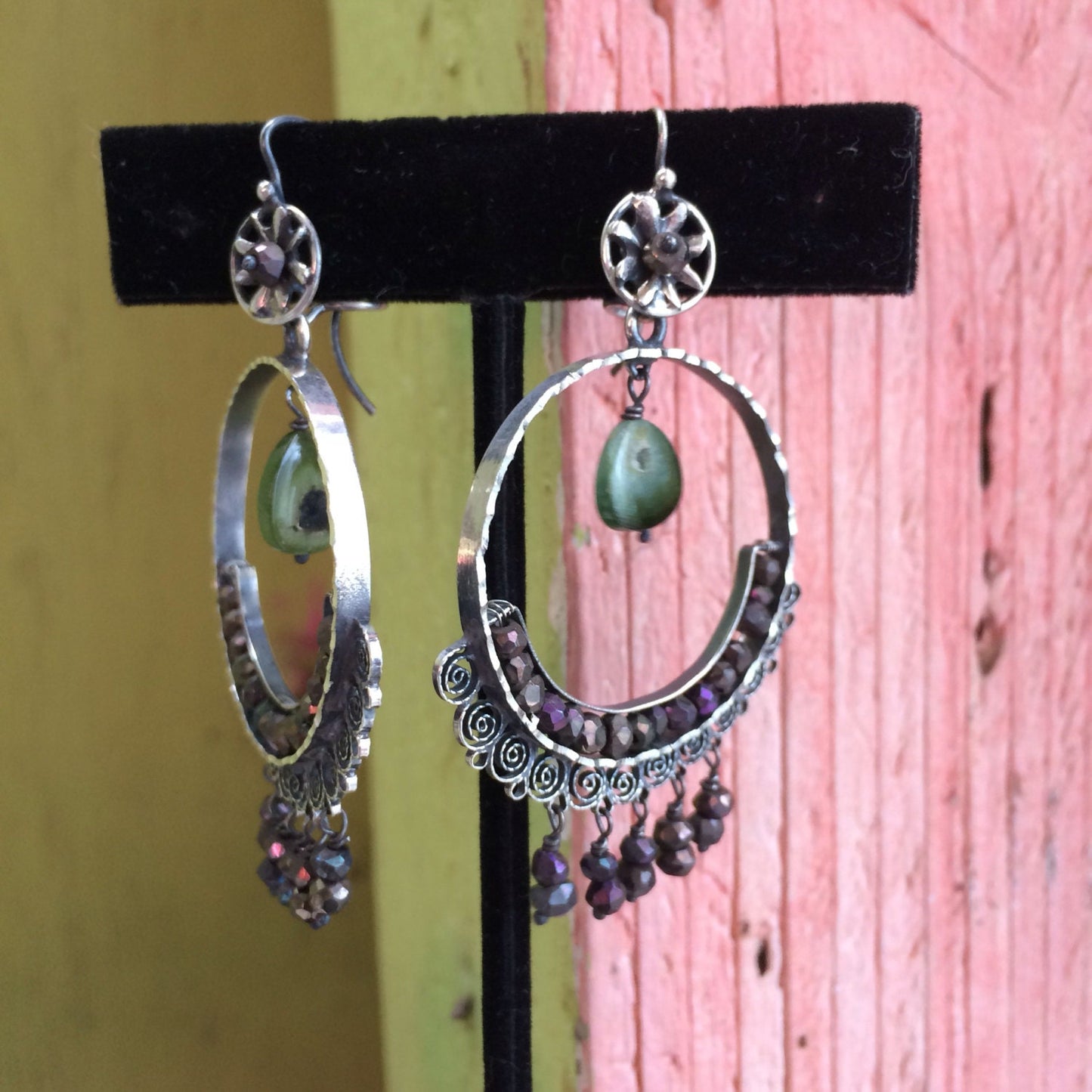 Elena Solow/Blue Jaguar Mexican Vintage Earrings with Iridescent Beads and Watermelon Tourmaline