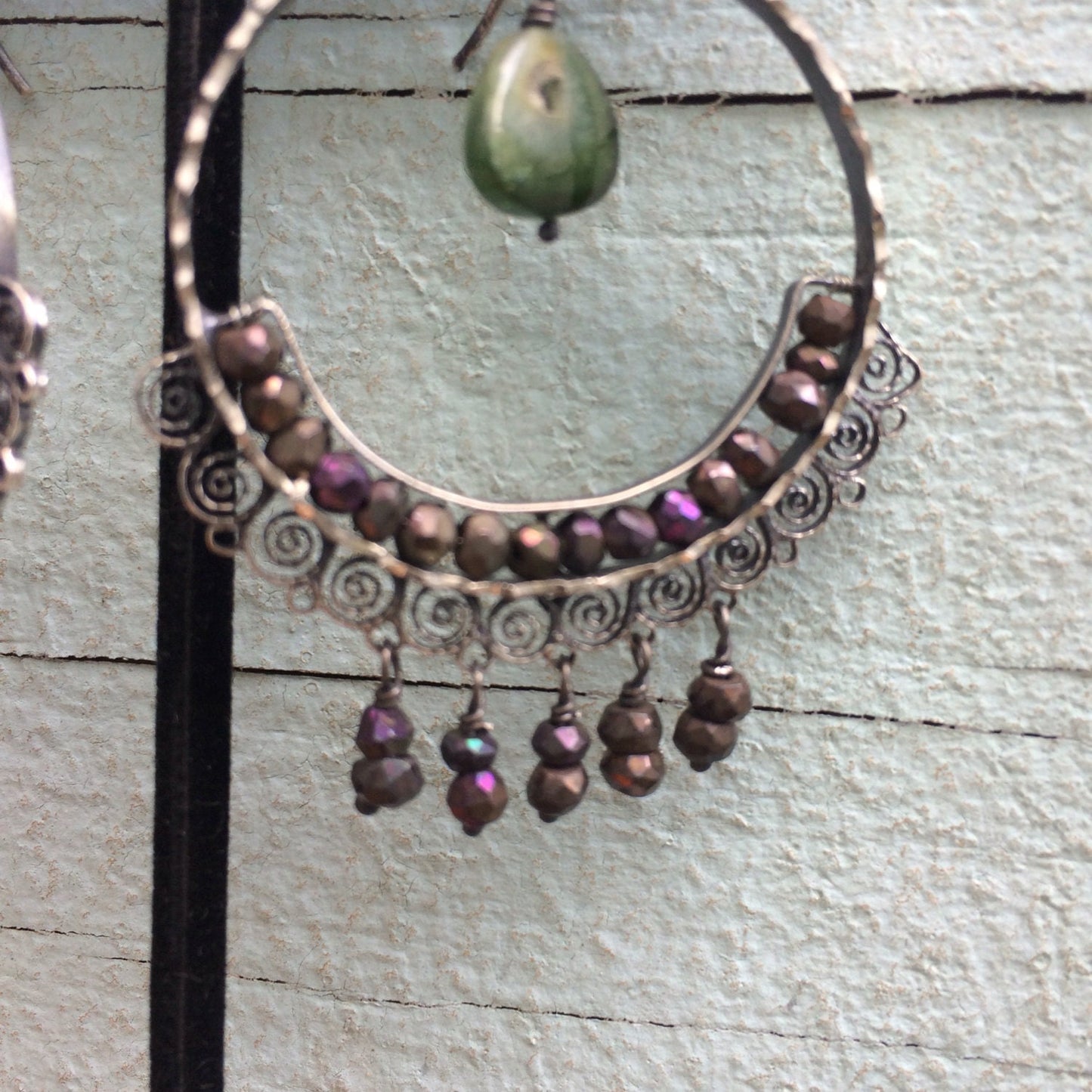 Elena Solow/Blue Jaguar Mexican Vintage Earrings with Iridescent Beads and Watermelon Tourmaline