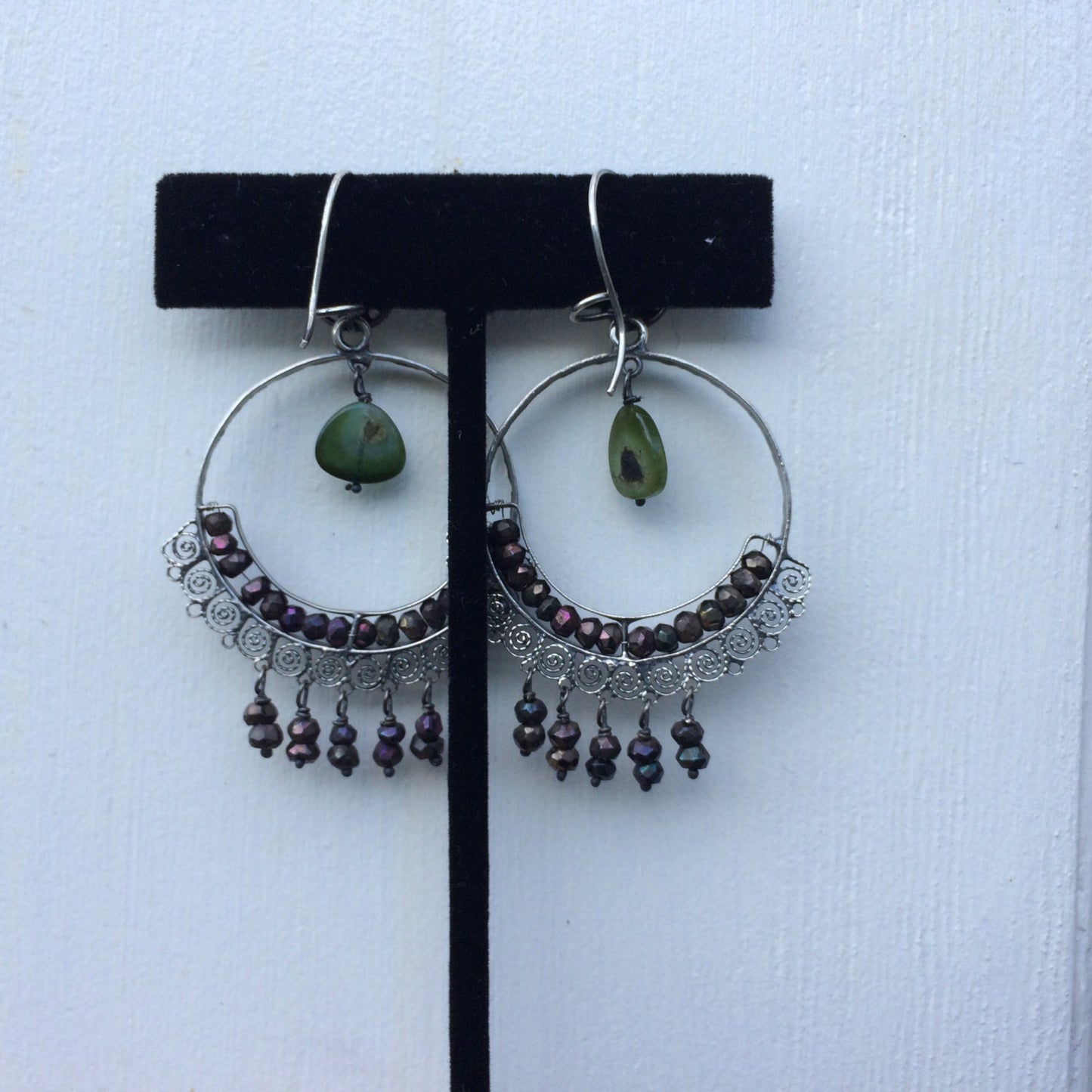 Elena Solow/Blue Jaguar Mexican Vintage Earrings with Iridescent Beads and Watermelon Tourmaline